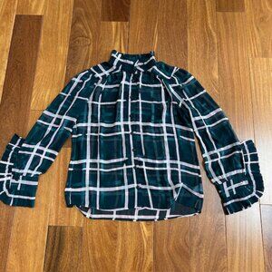 Cabi coquette plaid button up long sleeve Jade green & pink sheer blouse
